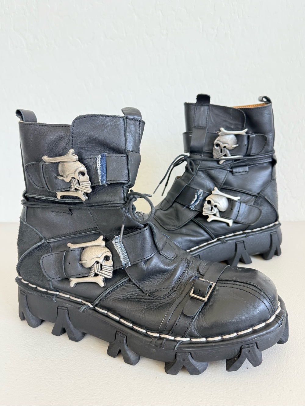 Boseton black leather gothic punk biker skull buckle boots Size JP 285 US 11